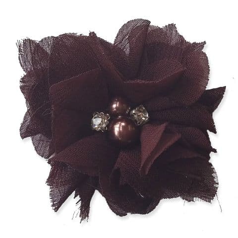 5cm Pearl Diamante DARK CHOCOLATE Fabric Flower Applique