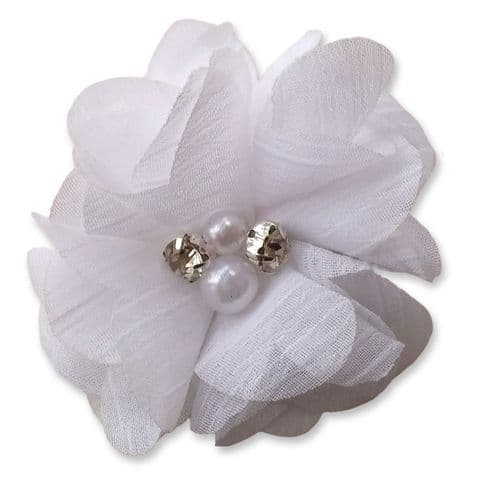 5cm Pearl Diamante WHITE Fabric Flower Applique