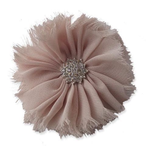 8cm Frayed Diamante LATTE Fabric Flower Applique