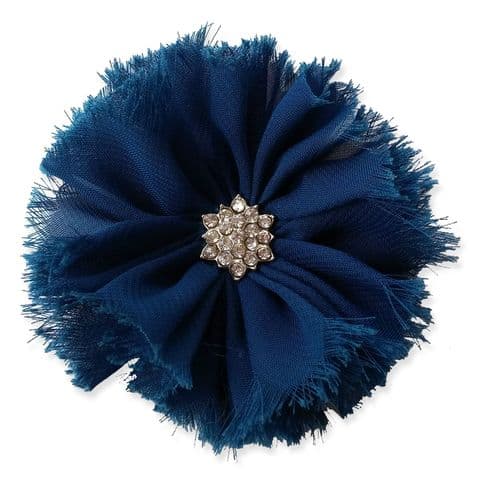 8cm Frayed Diamante NAVY BLUE Fabric Flower Applique