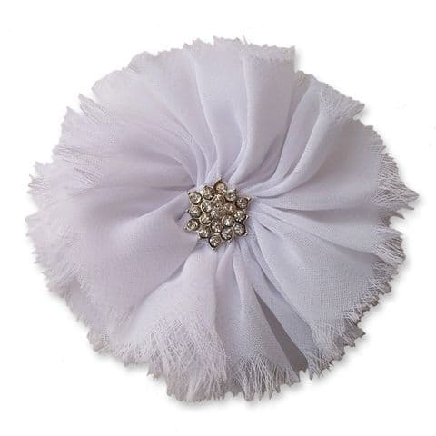8cm Frayed Diamante WHITE Fabric Flower Applique