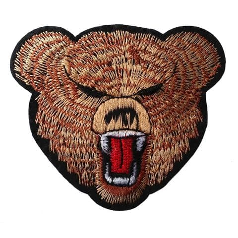 ANGRY BEAR HEAD MOTIF IRON ON EMBROIDERED PATCH APPLIQUE