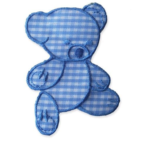BABY BLUE GINGHAM TEDDY MOTIF IRON ON EMBROIDERED PATCH APPLIQUE