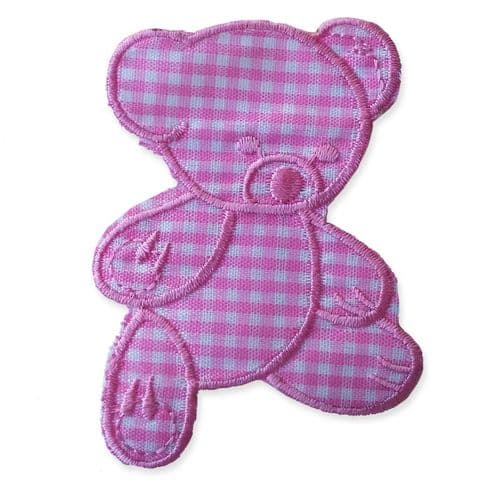 BABY PINK GINGHAM TEDDY MOTIF IRON ON EMBROIDERED PATCH APPLIQUE
