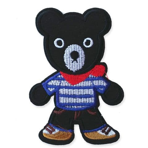 BLACK TEDDY BOY MOTIF IRON ON EMBROIDERED PATCH APPLIQUE