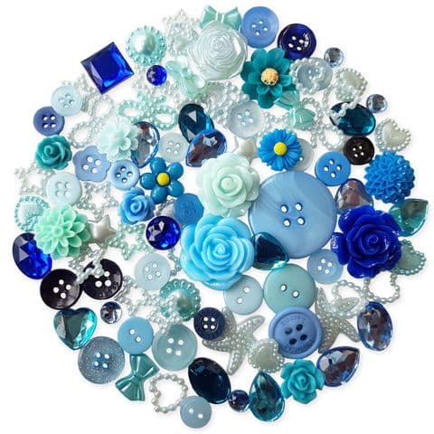 BLUE 50pcs Assorted Gems, Cabochons, buttons and Pearlised Flatbacks