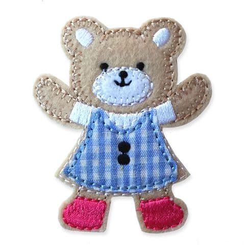 BLUE GINGHAM TEDDY MOTIF IRON ON EMBROIDERED PATCH APPLIQUE