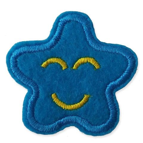 BLUE SMILING STAR MOTIF IRON ON EMBROIDERED PATCH APPLIQUE
