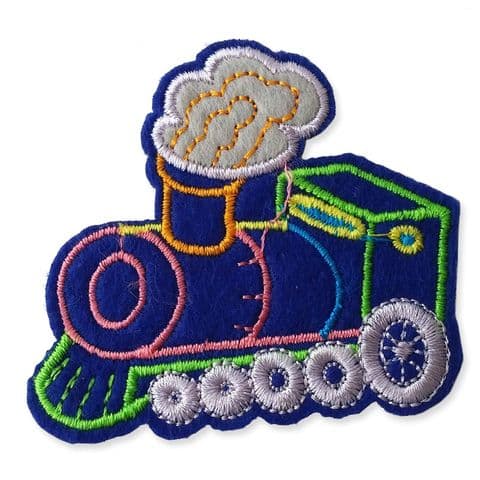 BLUE TRAIN MOTIF IRON ON EMBROIDERED PATCH APPLIQUE