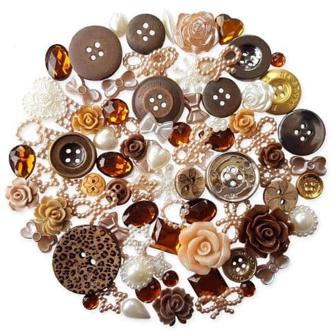 BROWN 50pcs Assorted Gems, Cabochons, buttons and Pearlised Flatbacks