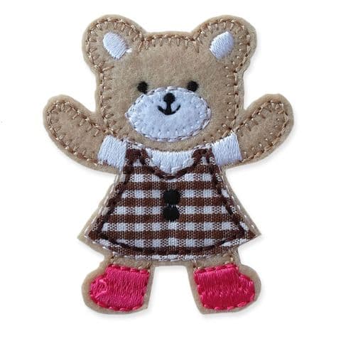 BROWN GINGHAM TEDDY MOTIF IRON ON EMBROIDERED PATCH APPLIQUE