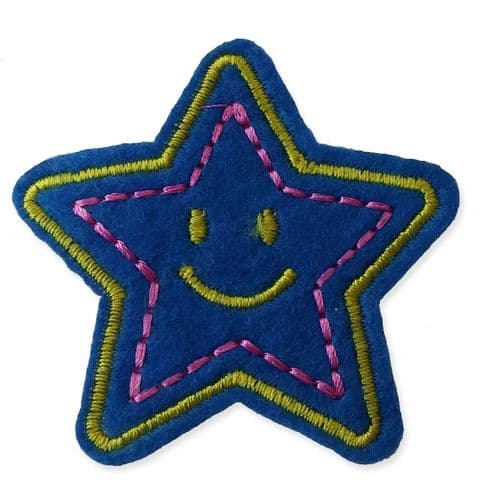 DARK BLUE SMILEY STAR MOTIF IRON ON EMBROIDERED PATCH APPLIQUE