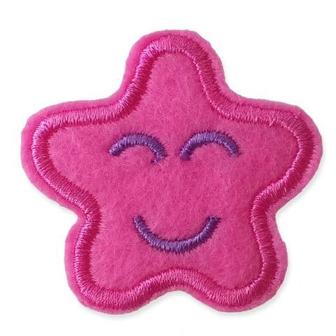 DARK PINK SMILING STAR MOTIF IRON ON EMBROIDERED PATCH APPLIQUE