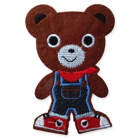 DENIM TEDDY BOY MOTIF IRON ON EMBROIDERED PATCH APPLIQUE