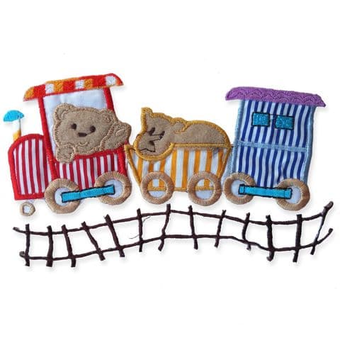 FUN TRAIN BEARS MOTIF IRON ON EMBROIDERED PATCH APPLIQUE