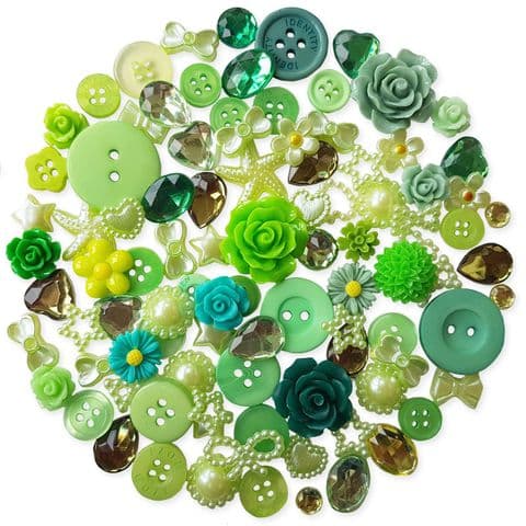 GREEN 50pcs Assorted Gems, Cabochons, buttons and Pearlised Flatbacks
