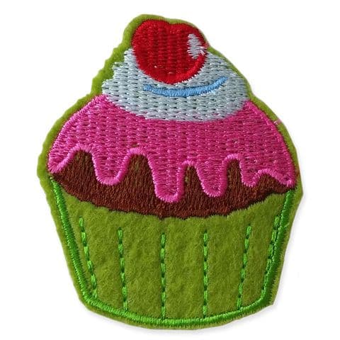 GREEN CUPCAKE MOTIF IRON ON EMBROIDERED PATCH APPLIQUE