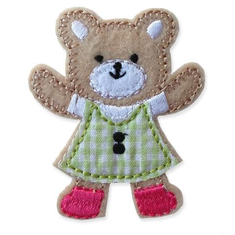 GREEN GINGHAM TEDDY MOTIF IRON ON EMBROIDERED PATCH APPLIQUE
