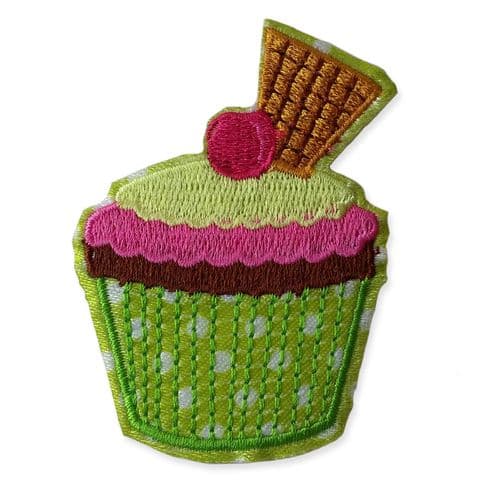 GREEN WAFER CUPCAKE MOTIF IRON ON EMBROIDERED PATCH APPLIQUE