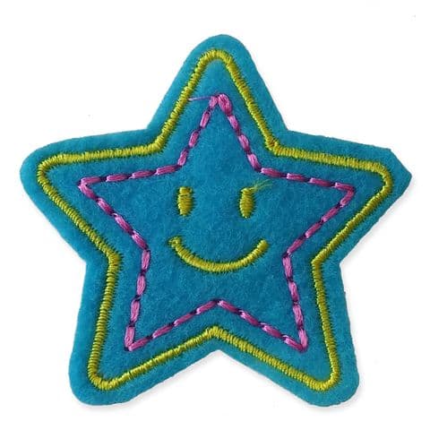 LIGHT BLUE SMILEY STAR MOTIF IRON ON EMBROIDERED PATCH APPLIQUE