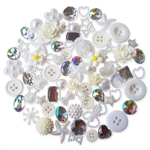 WHITE 50pcs Assorted Gems, Cabochons, buttons and Pearlised Flatbacks