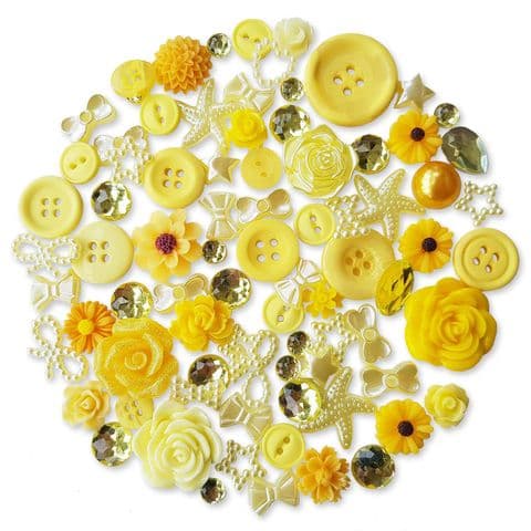 YELLOW 50pcs Assorted Gems, Cabochons, buttons and Pearlised Flatbacks (9)