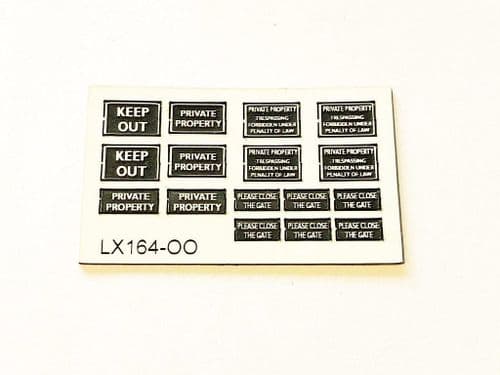 LX164-OO Keep Out/Private Property/Please Close The Gate Signs (Pack of 16) OO/4mm/1:76