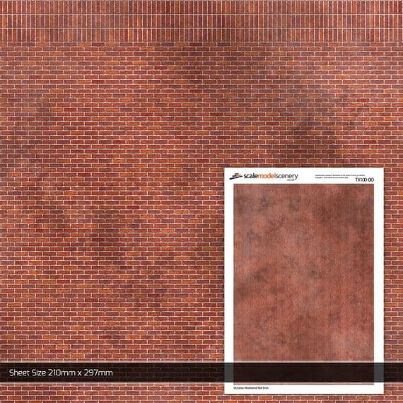 TX100-OO Victorian Weathered Red Brick Texture Paper (Pack of 5) - OO/4mm/1:76