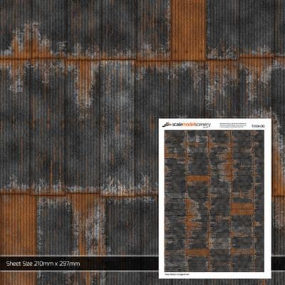 TX104-OO Rusty Black Painted & Weathered Corrugated Iron Texture Paper (Pack of 5) - OO/4mm/1:76