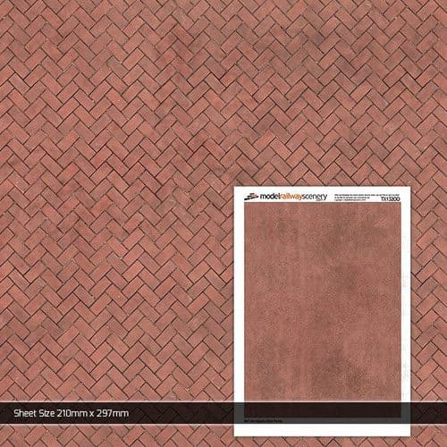 TX132-OO Red Herringbone Block Paving Texture Paper (Pack of 5) - OO/4mm/1:76