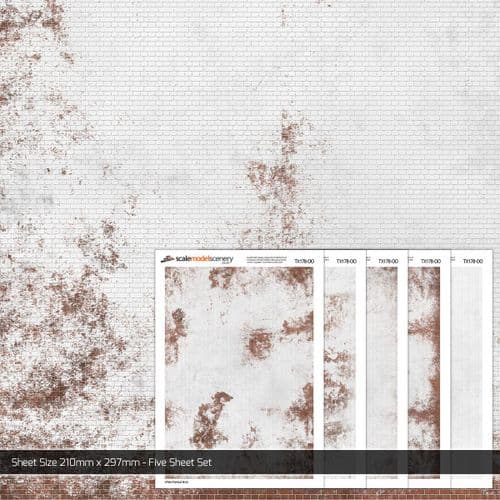 TX178-OO Weathered White Painted Brick Texture Paper (Pack of 5) - OO/4mm/1:76