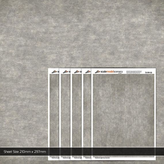 TX199-50 Weathered Light Grey Concrete Paper (Pack of 5) - 1:50 Scale