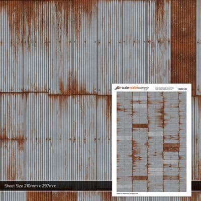 TX280-OO Rusty & Weathered Corrugated Iron Texture Paper (Pack of 5) - OO/4mm/1:76