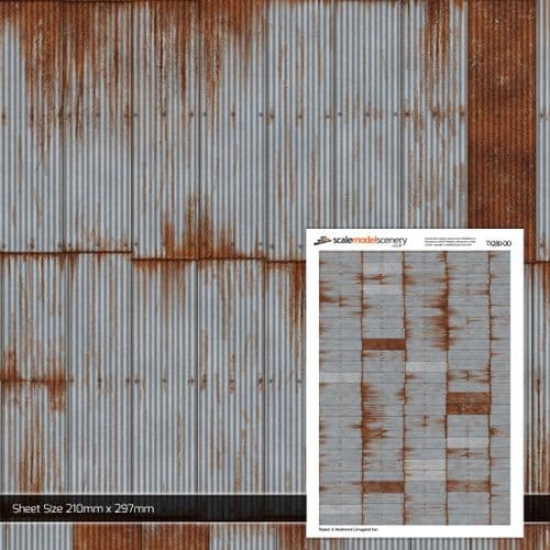 TX280-OO Rusty & Weathered Corrugated Iron Texture Paper (Pack of 5) - OO/4mm/1:76