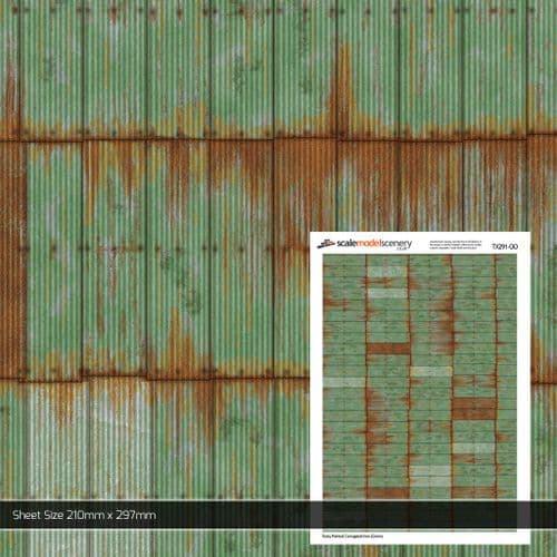 TX291-OO Rusty Green Painted & Weathered Corrugated Iron Texture Paper (Pack of 5) - OO/4mm/1:76