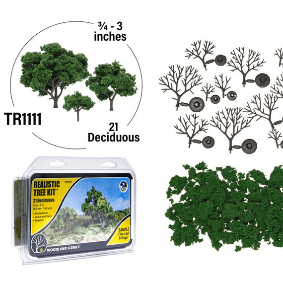 Woodland Scenics TR1111 Realistic Green Deciduous Trees Kit (Makes 21 Trees, 0.75 to 3