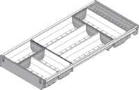 Blum. ORGA-LINE container set (partially filled), for TANDEMBOX drawer, NL=650 mm, width=280 mm. stainless steel brushed/dust grey. ZSI.650BI3