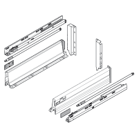 Blum. TANDEMBOX plus BLUMOTION high fronted pull-out, height D (224 mm), 30 kg, NL=450 mm, longside gallery rail. R9006 white aluminium. 358M45B0S.