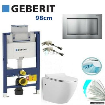 GEBERIT DUOFIX OMEGA 98CM +CHROME FLUSH PLATE +RIMLESS TOILET +SOFT CLOSING SEAT