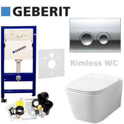 GEBERIT DUOFIX UP100 +FLUSH PLATE +WALL HUNG RIMLESS WC +QUALITY SOFT CLOS SEAT