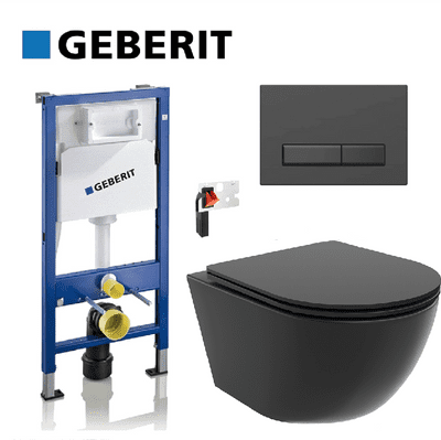 GEBERIT DUOFIX UP100 FRAME FLUSH PLATE MATT BLAC WALL HUNG RIMLESS WC LENA BLACK MATT FRESH SYSTEM