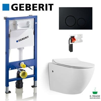 GEBERIT UP100 FRAME+BLACK MATT FLUSH PLATE+WALL HUNG SOFT CLOSE RIMLESS WC+FRESH