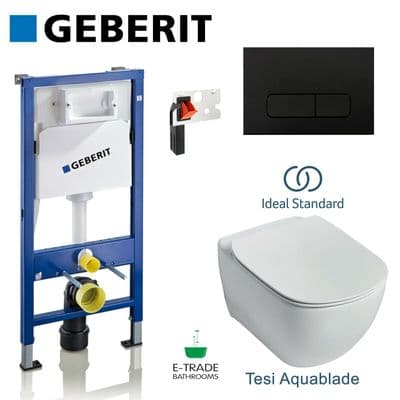 GEBERIT UP100 FRAME+BLACK MATT +WALL HUNG RIMLESS IDEAL STANDARD TESI SOFT CLOSE