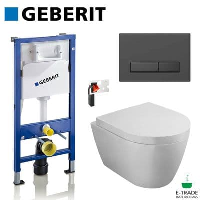 GEBERIT UP100 FRAME + MATT BLACK FLUSH PLATE + DURAVIT ME WALL HUNG RIMLESS WC