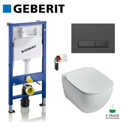 GEBERIT UP100 FRAME +MATT BLACK FLUSH PLATE +TESI AQUABLADE WALL HUNG RIMLESS WC