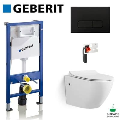 GEBERIT UP100 FRAME+MATT BLACK FLUSH PLATE+WALL HUNG SOFT CLOSE RIMLESS WC+FRESH