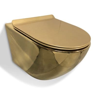 GOLDEN TOILET WALL HUNG COMPACT RIMLESS GOLD WC WITH SLIM SOFT CLOSING SEAT