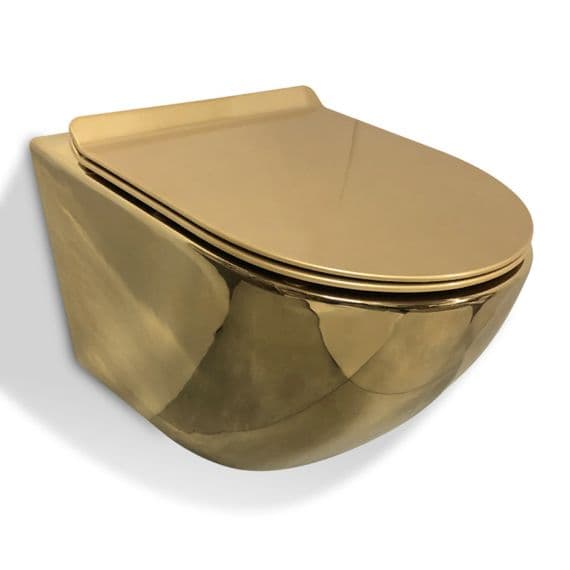 GOLDEN TOILET WALL HUNG COMPACT RIMLESS GOLD WC WITH SLIM SOFT CLOSING SEAT