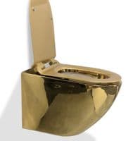 GOLDEN TOILET WALL HUNG COMPACT RIMLESS GOLD WC WITH SLIM SOFT CLOSING SEAT