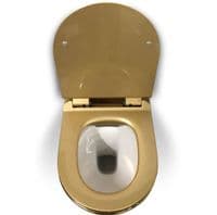 GOLDEN TOILET WALL HUNG COMPACT RIMLESS GOLD WC WITH SLIM SOFT CLOSING SEAT